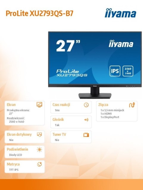 Monitor IIYAMA ProLite XU2793QS-B7 27 QHD IPS 100Hz HDMI DP