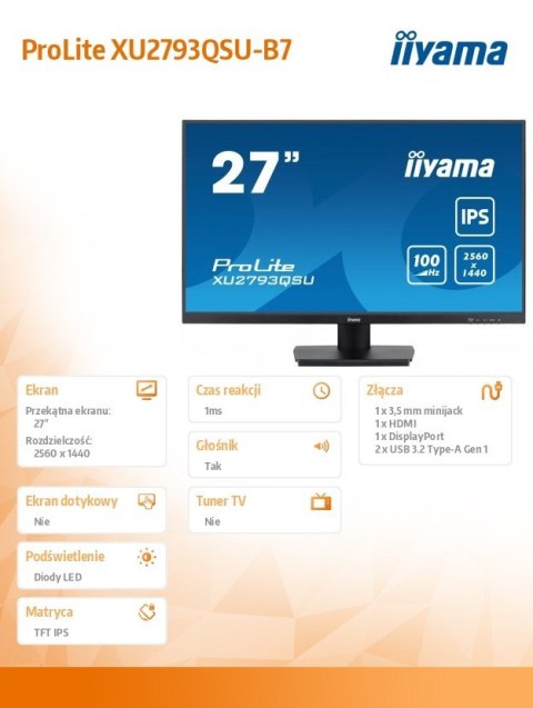 Monitor IIYAMA ProLite XU2793QSU-B7 27 QHD 100Hz IPS HDMI DP