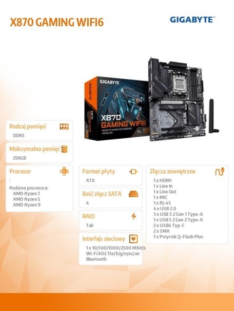 Płyta główna Gigabyte X870 GAMING WIFI6 AM5 4DDR5 HDMI USB-C ATX