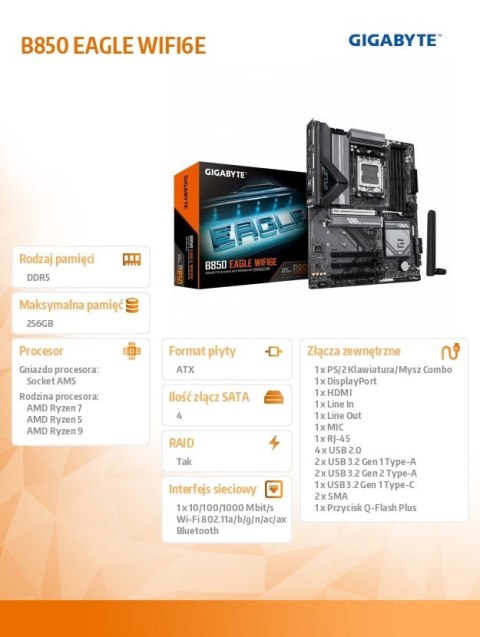 Płyta główna Gigabyte B850 EAGLE WIFI6E DDR5 AM5 z trybem X3D Turbo