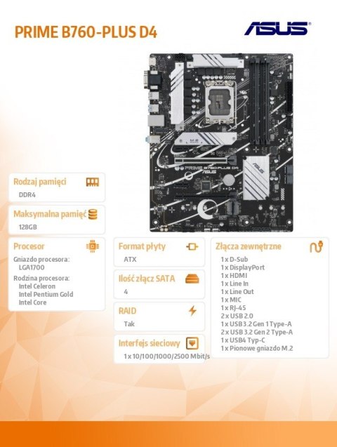Płyta główna Asus PRIME B760-PLUS D4 ATX z PCIe 5.0 i 4 złączami DDR4