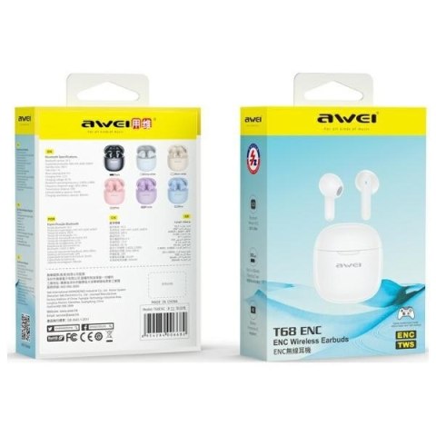 Słuchawki Bluetooth 5.3 AWEI T68 TWS ENC białe douszne z mikrofonem