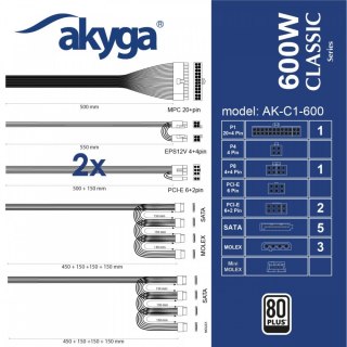 Zasilacz Akyga AK-C1-600 ATX 600W energooszczędny z certyfikatem 80 PLUS