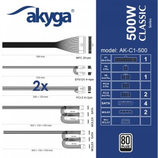 Zasilacz ATX Akyga AK-C1-500 500W PRO seria cichy z wysoką sprawnością 80+