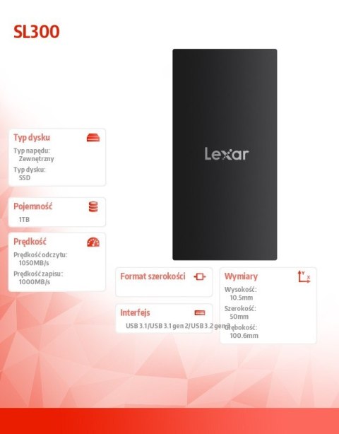 Dysk SSD Lexar SL300 1TB USB 3.2 Gen2 szybki zewnętrzny 1050MB/s