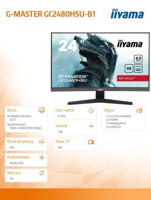 Monitor IIYAMA G-MASTER GC2480HSU 24 VA 180Hz 1500R 0,5ms gaming LED
