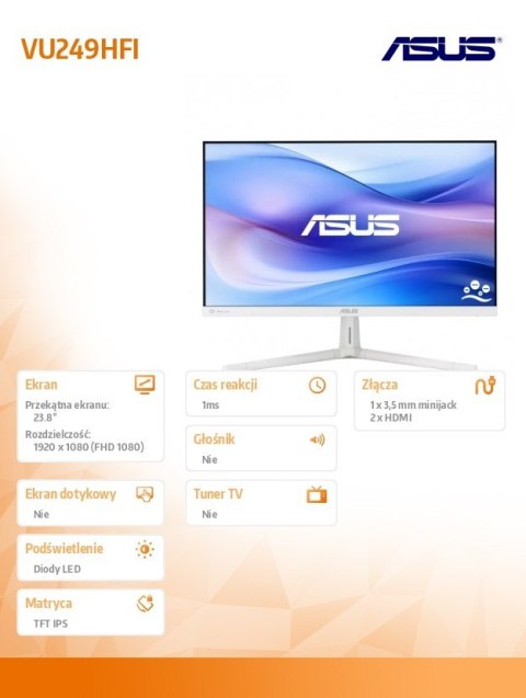 Monitor Asus VU249HFI 24 cale IPS 100Hz FHD biały matowy