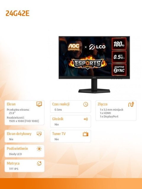 Monitor AOC 24G42E 23.8 FHD 180Hz szybki gamingowy IPS