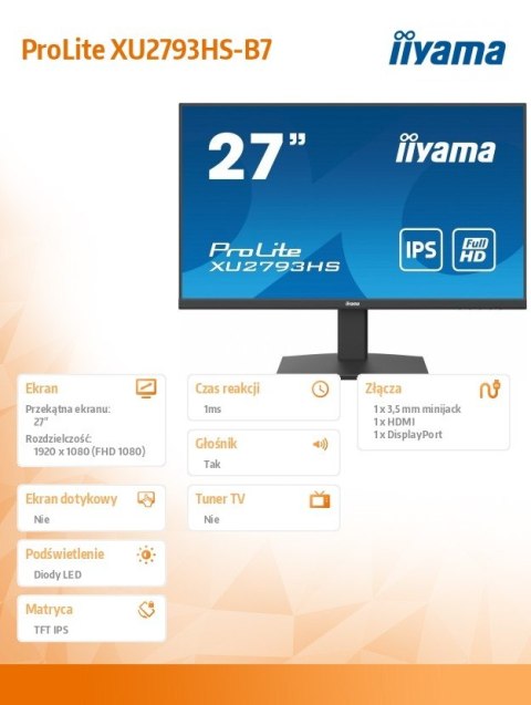 Monitor IIYAMA ProLite XU2793HS-B7 27 FHD IPS z HDMI i DisplayPort