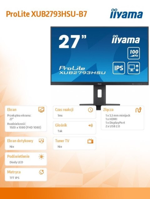 Monitor IIYAMA ProLite XUB2793HSU-B7 27 cali IPS Full HD 100Hz