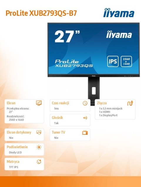 Monitor IIYAMA ProLite XUB2793QS-B7 27 IPS QHD 100Hz z regulacją wysokości