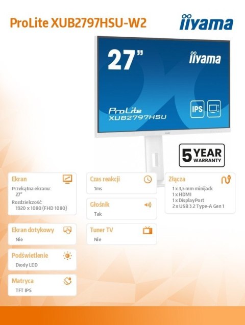 Monitor IIYAMA ProLite XUB2797HSU-W2 27 FHD IPS 100Hz z regulacją wysokości