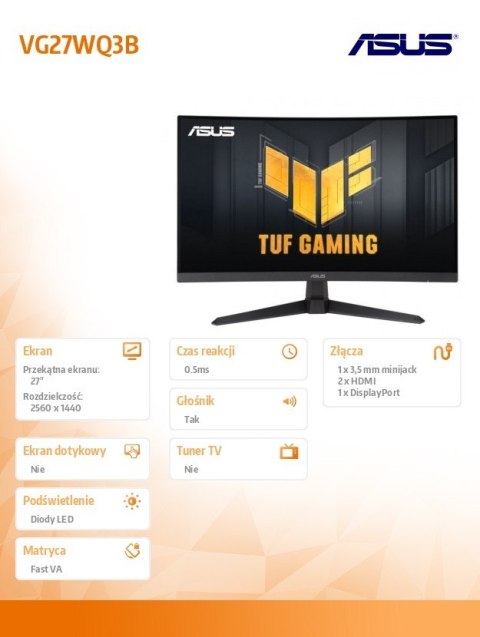 Monitor Asus TUF Gaming VG27WQ3B 27 QHD zakrzywiony 180Hz