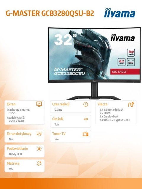 Monitor IIYAMA G-MASTER GCB3280QSU-B2 32 cale VA QHD 180Hz 0.2ms