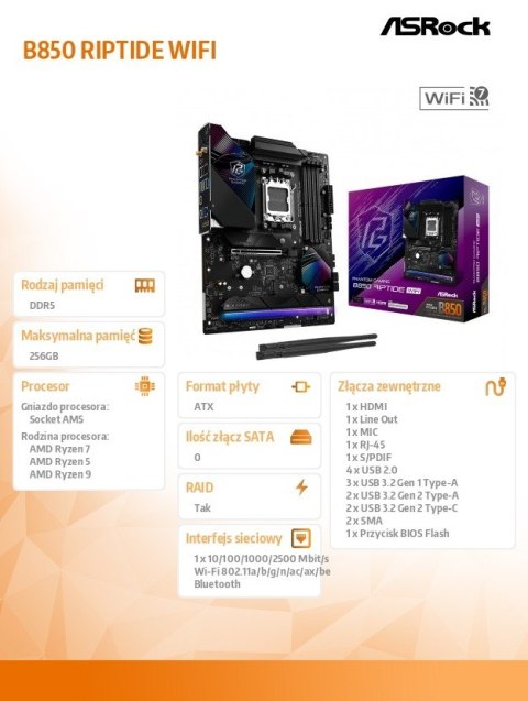 Płyta główna ASRock B850 Phantom Gaming Riptide WiFi ATX DDR5 4x