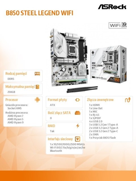 Płyta główna ASRock B850 Steel Legend WiFi AM5 4DDR5 ATX wydajna