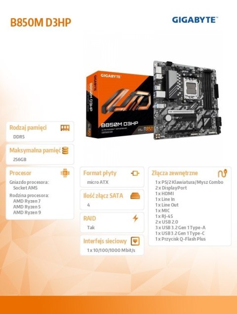 Płyta główna Gigabyte B850M D3HP micro ATX z trybem X3D Turbo DDR5
