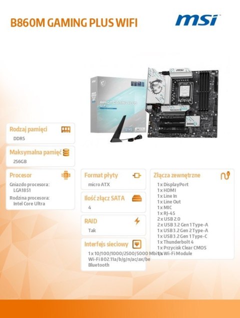 Płyta główna MSI B860M GAMING PLUS WIFI ATX DDR5 8800 MHz