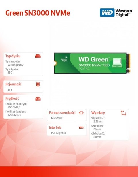 Dysk SSD Western Digital Green 2TB M.2 SN3000 NVMe PCIe 4.0 szybki