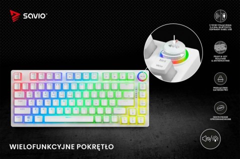 Klawiatura mechaniczna bezprzewodowa Savio PHENIX WHITE Gateron Red Pro lekkie podświetlenie