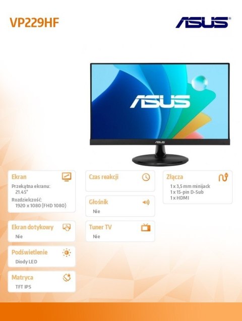 Monitor Asus VP229HF 21 5 cala FHD gamingowy IPS 100 Hz
