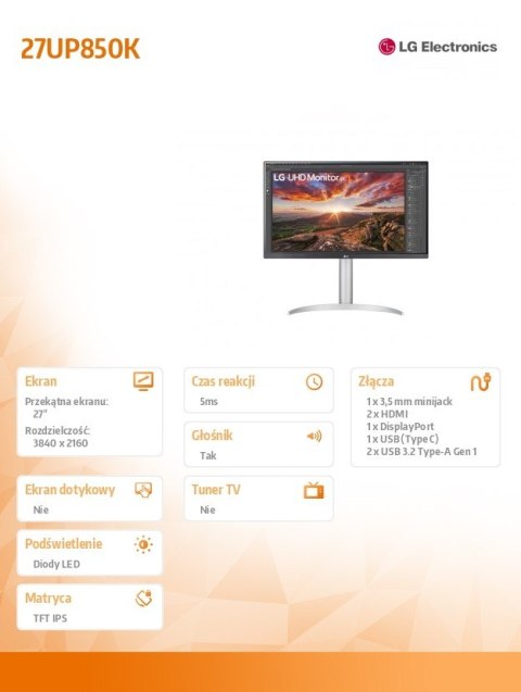 Monitor LG 27UP850K-W 27 cale UHD IPS USB-C VESA z HDR matowy