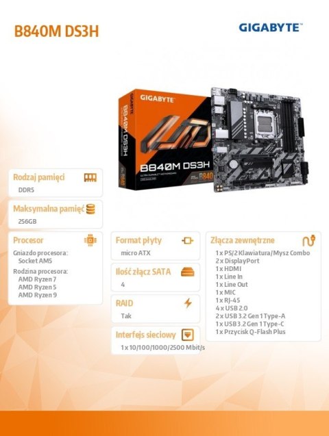 Płyta główna Gigabyte B840M DS3H AM5 DDR5 mATX HDMI 2DP
