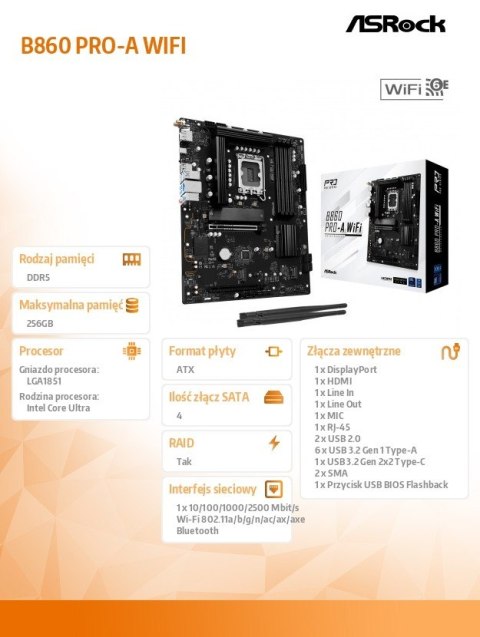 Płyta główna ASRock B860 PRO-A WIFI ATX DDR5 4x sloty WiFi 6E