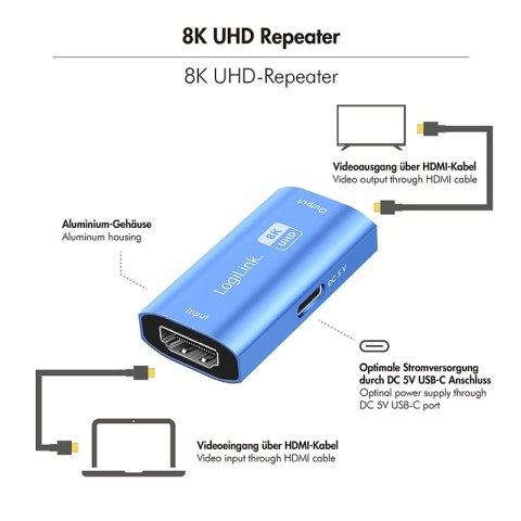Repeater HDMI LogiLink 8K 60Hz HDCP2.3 aluminiowy niebieski