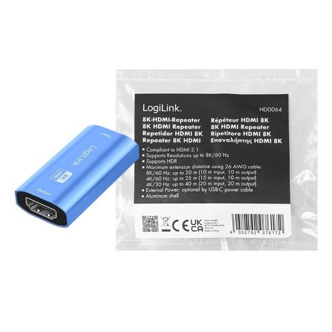 Repeater HDMI LogiLink 8K 60Hz HDCP2.3 aluminiowy niebieski