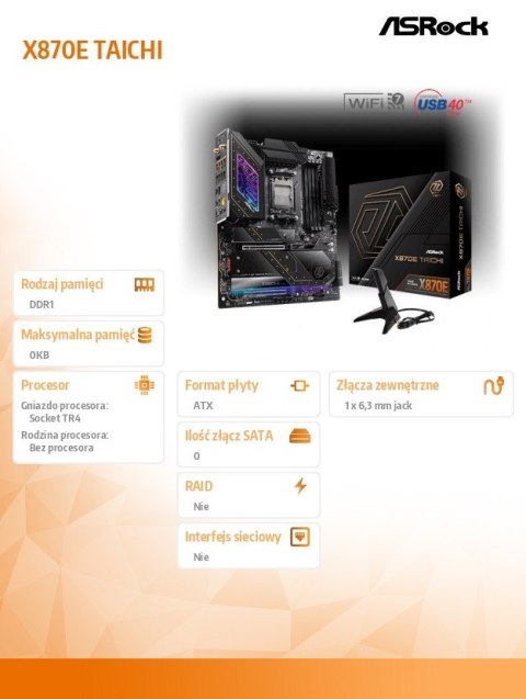 Płyta główna ASRock X870E TAICHI AM5 EATX 4DDR5 z M.2 USB4 wydajna