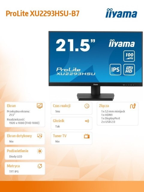 Monitor IIYAMA ProLite XU2293HSU-B7 22 cale IPS 100Hz FHD z hubem USB