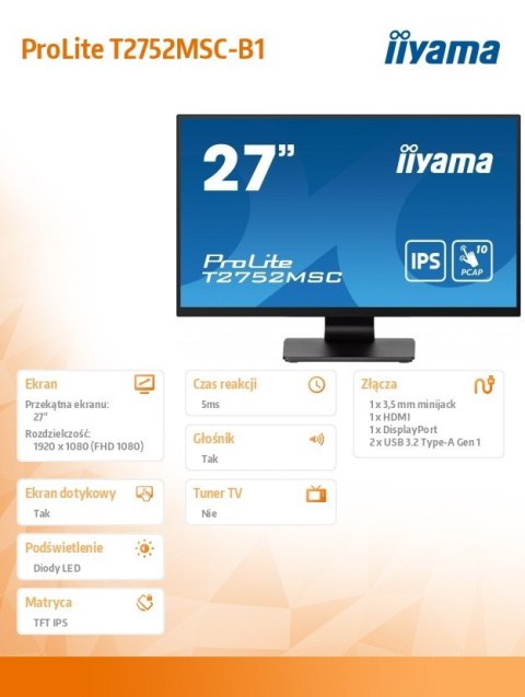 Monitor IIYAMA ProLite T2752MSC-B1 27 cali dotykowy IPS Full HD