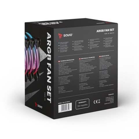 Wentylator Savio FAN-01 White 120mm ARGB z kontrolerem i pilotem 4-pack