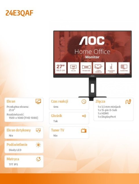 Monitor AOC 24E3QAF 23.8 IPS FHD ergonomiczny z głośnikami