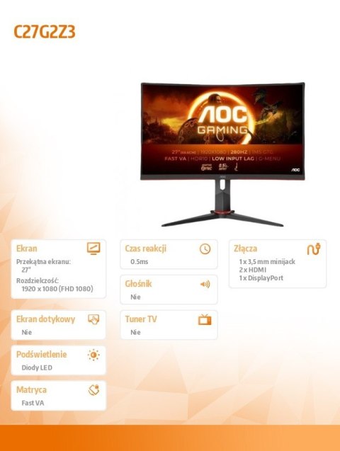 Monitor AOC C27G2Z3 27 cali zakrzywiony gamingowy 280Hz Fast VA