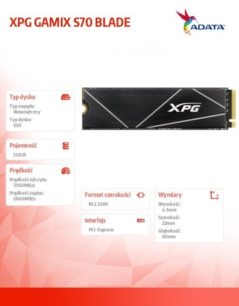 SSD Adata XPG GAMMIX S70 BLADE 512GB PCIe4 ultrawydajny M2 2280