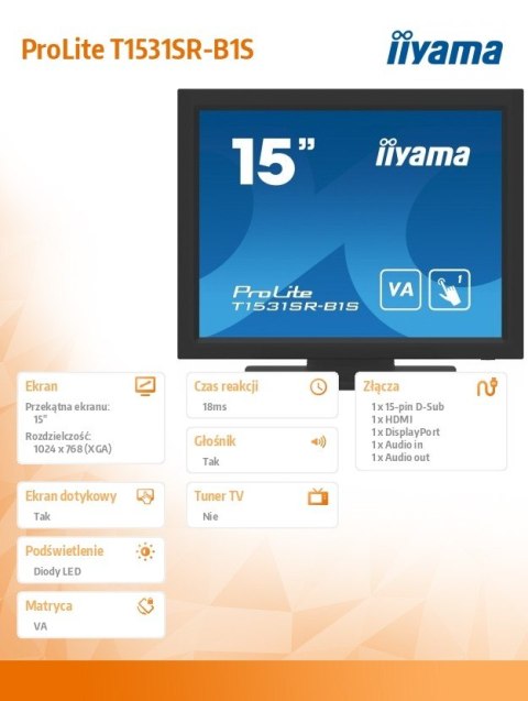 Monitor dotykowy IIYAMA ProLite T1531SR-B1S 15 cali VA HDMI DP IP54