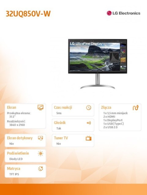 Monitor LG Electronics 31.5 32UQ850V UHD IPS wysoka jakość obrazu