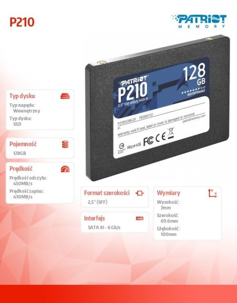 Dysk SSD Patriot P210 128GB 450MB/s SATA III 2.5 wydajny