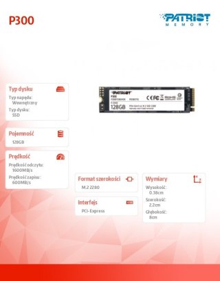 Dysk SSD Patriot P300 128GB M.2 PCIe Gen 3 x4 wydajny