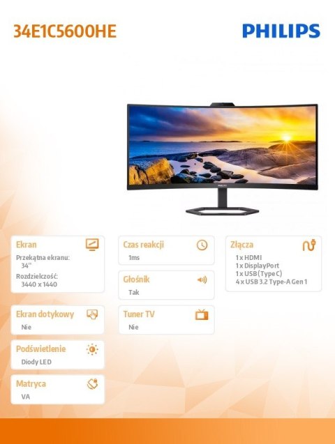 Philips Monitor 34 cale 34E1C5600HE UltraWide QHD z kamerą i głośnikami