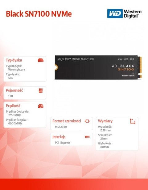 Dysk SSD Western Digital Black SN7100 1TB NVMe M2 2280 szybki do gier