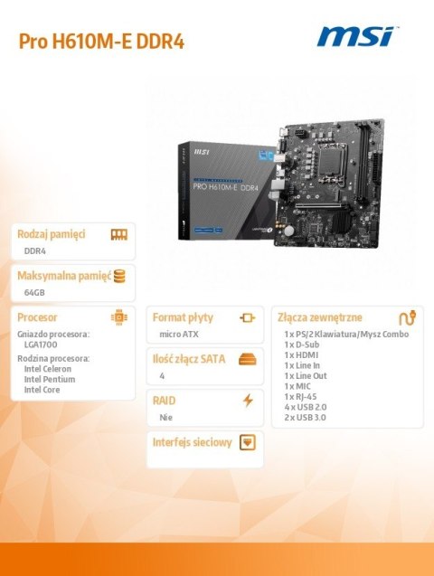 Płyta główna MSI PRO H610M-E mATX DDR4 HDM obsługuje 12 gen Intel