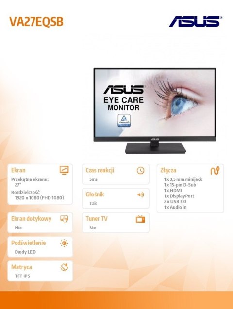 Monitor Asus VA27EQSB 27 cali IPS Full HD 75 Hz z matowym ekranem