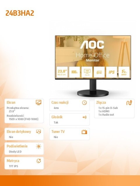 Monitor AOC 24B3HA2 23.8 FHD IPS 100Hz z HDMI i głośnikami