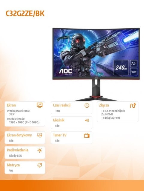 Monitor AOC C32G2ZE/BK 31.5 FHD zakrzywiony 240Hz VA FreeSync