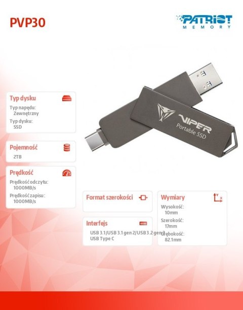 Dysk zewnętrzny SSD Patriot PVP30 2TB 1000 MB/s USB 3.2 kompaktowy szary