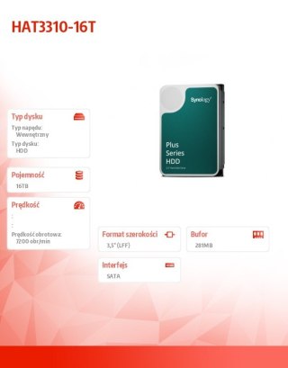 Dysk HDD Synology HAT3310 16TB SATA 3,5' 7200RPM niezawodny NAS
