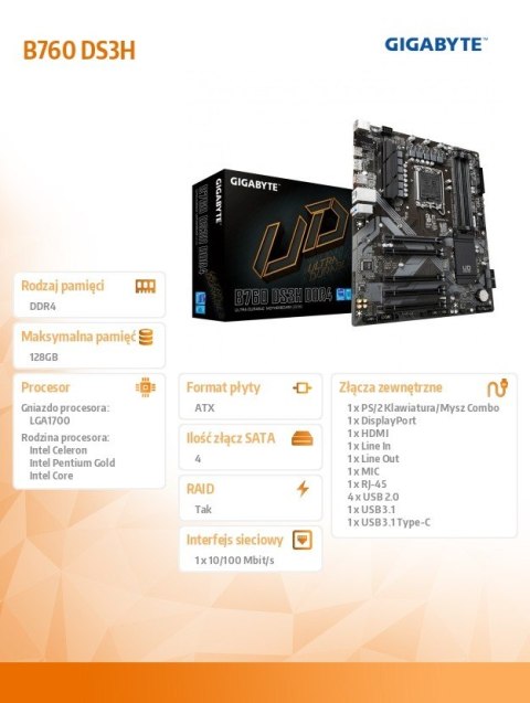 Płyta główna Gigabyte B760 DS3H s1700 DDR5 ATX z HDMI i DP